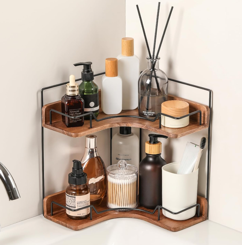 2-Tier Desktop Triangle Wooden Corner Storage Rack, Countertop Organizer for Skin Care Products, Makeup and Kitchen Supplies