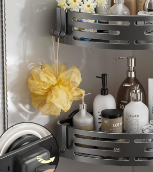Two-Pack Suction Cup Triangle Shower Storage Rack with Hooks, Drill-Free Removable Waterproof Anti-rust Bathroom Wall Storage Accessory