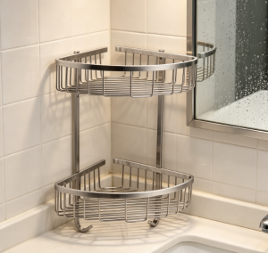 2-Tier Stainless Steel Triangle Wall Mount Shower Corner Storage Basket, Bathroom Organizer Rack Built with Hook Accessories