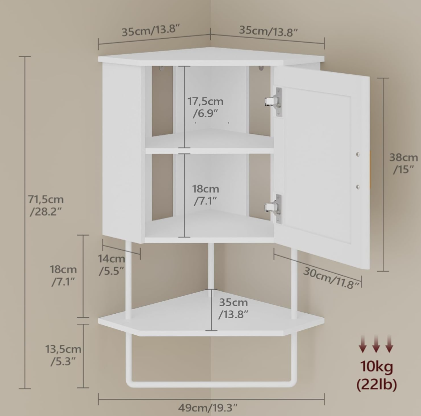 Wall Mount Corner Bathroom Storage Cabinet, 3-Tier Wall Cabinet Equipped with Adjustable Layer and Towel Bar, Multi-scene Storage Unit for Compact Spaces - Image 2