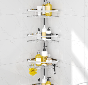 Floor-to-Ceiling Tension Rod Shower Corner Storage Rack, 4 Adjustable Layers Anti-Rust Bathtub Accessory Organizer