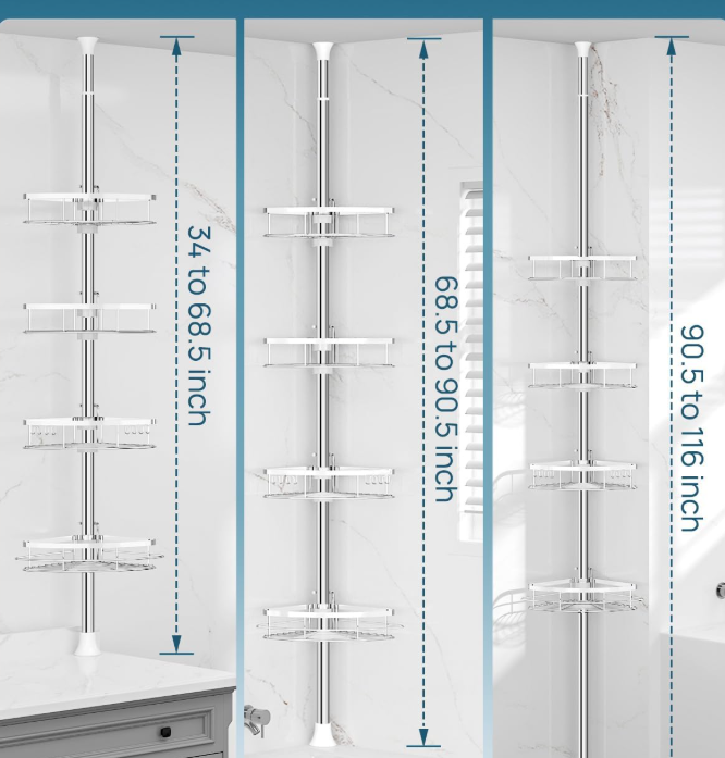 Floor-to-Ceiling Tension Rod Shower Corner Storage Rack, 4 Adjustable Layers Anti-Rust Bathtub Accessory Organizer - Image 2