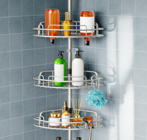 Four-Layer Tension Pole Shower Corner Storage Stand, Drill-Free Adjustable Anti-Rust Shelving Suitable for Rental Houses