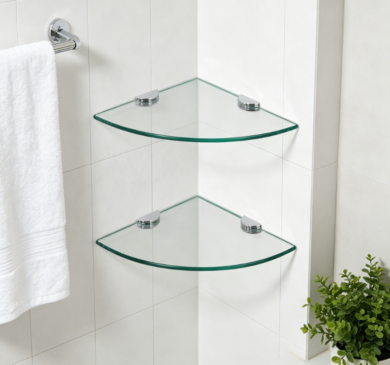 Two-Pack Tempered Glass Floating Corner Wall Shelves, Alloy Bracket Shower Caddy Multipurpose for Bathroom Kitchen Living Room - Image 2
