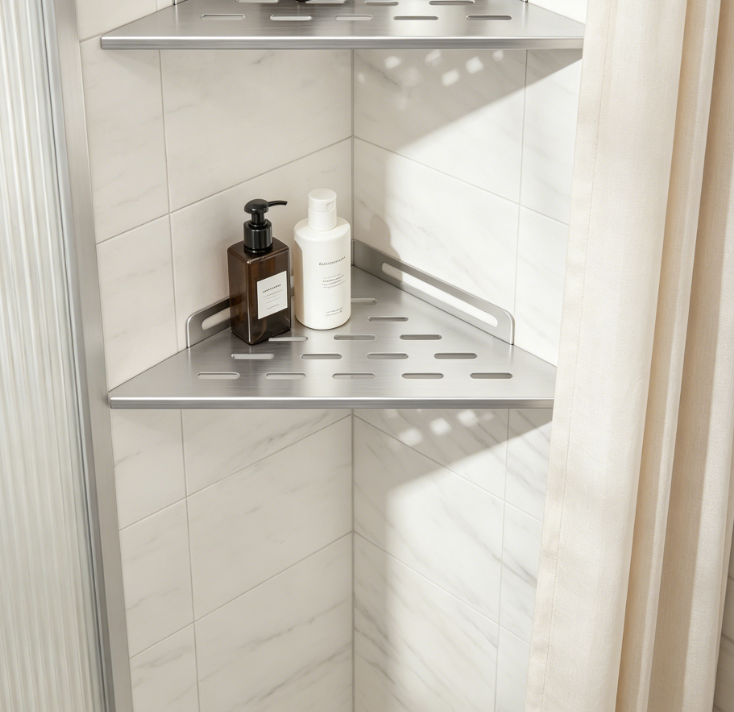 Two-Pack Slotted Recessed Stainless Steel Triangle Shower Wall Shelves, Tile Wall Mount Bathroom Storage Organizer - Image 2