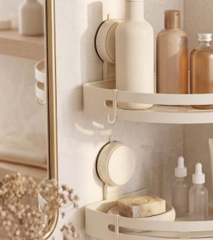 Two-Pack Cream Suction Cup Shower Corner Rack, Thin Aluminum Drill-Free Storage Shelf with Towel Bar and Hooks