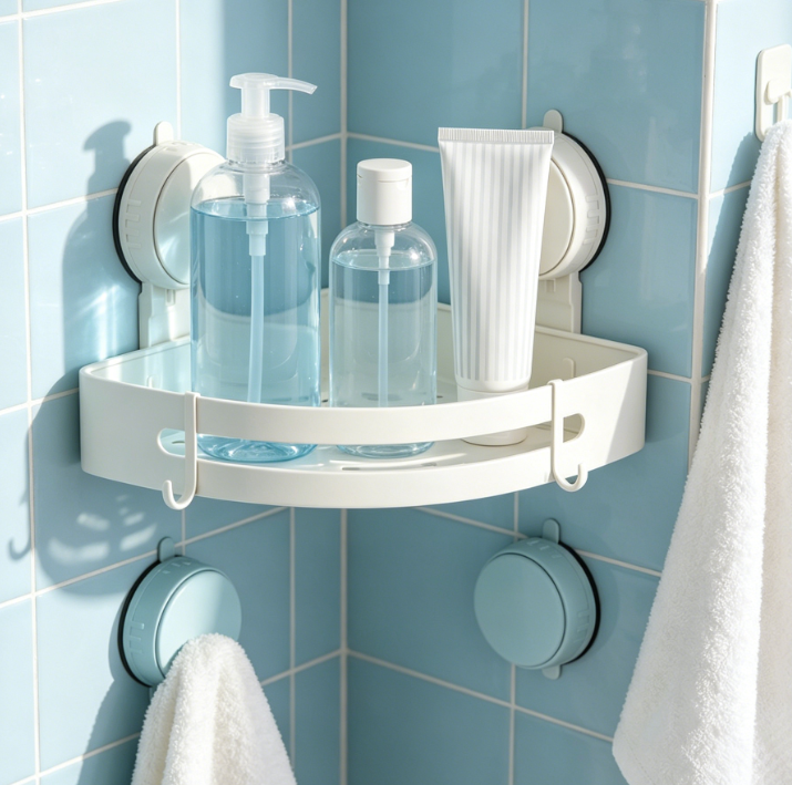 Two-Pack Cream Suction Cup Shower Corner Rack, Thin Aluminum Drill-Free Storage Shelf with Towel Bar and Hooks - Image 2