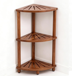 Three-Tier Freestanding Wooden Shower Corner Storage Stand, Space Saving Indoor Bathroom Toiletry Organizer