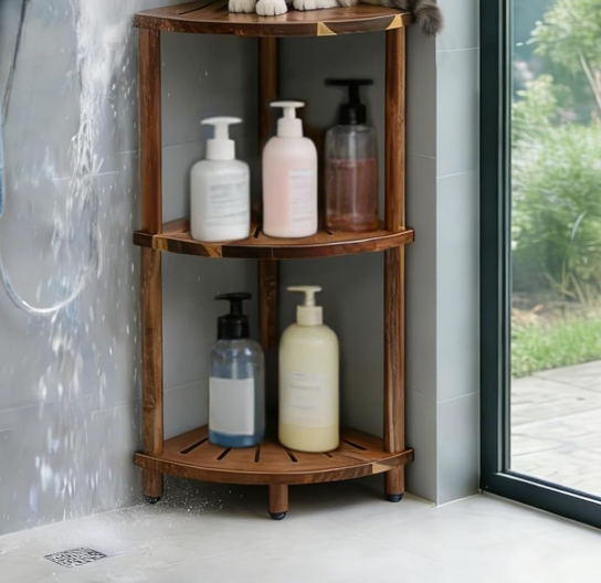 Three-Tier Freestanding Wooden Shower Corner Storage Stand, Space Saving Indoor Bathroom Toiletry Organizer - Image 2