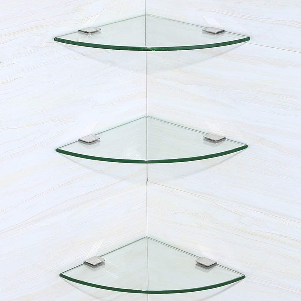 Multi-spec Glass Triangle Floating Wall Shelves, Metal Bracket Wall Hanging Bathroom Corner Storage Rack with Single/Triple Layer Options