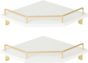 Two-Tier Diamond Shape Wooden Floating Corner Wall Shelf, Metal Guardrail Decor Storage Rack for Kitchen Household