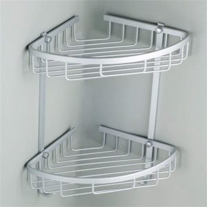 Two-Tier Double Triangle Aluminum Shower Corner Stand, Wall Mount Storage Basket for Cosmetics, Soap and Shower Products