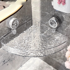 Thickened Suction Cup Triangle Shower Storage Basket, Transparent Acrylic Wall Floating Bathroom Corner Storage Tray, Heavy Load Wall Storage Rack
