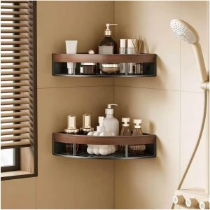 Two-Pack Wall Mount Corner Storage Rack, Walnut Board Matting Aluminum Frame Organizer for Washroom Dorm Kitchen