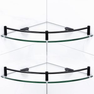 Two-Tier Tempered Glass Wall Mount Triangle Shower Corner Shelves, Stainless Steel Guardrail Clear Bathroom Storage Caddy