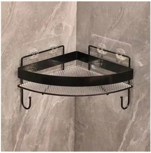 Adhesive Mount Triangle Acrylic Shower Corner Rack, Drill-Free Floating Organizer with Metal Guardrail and Side Hooks