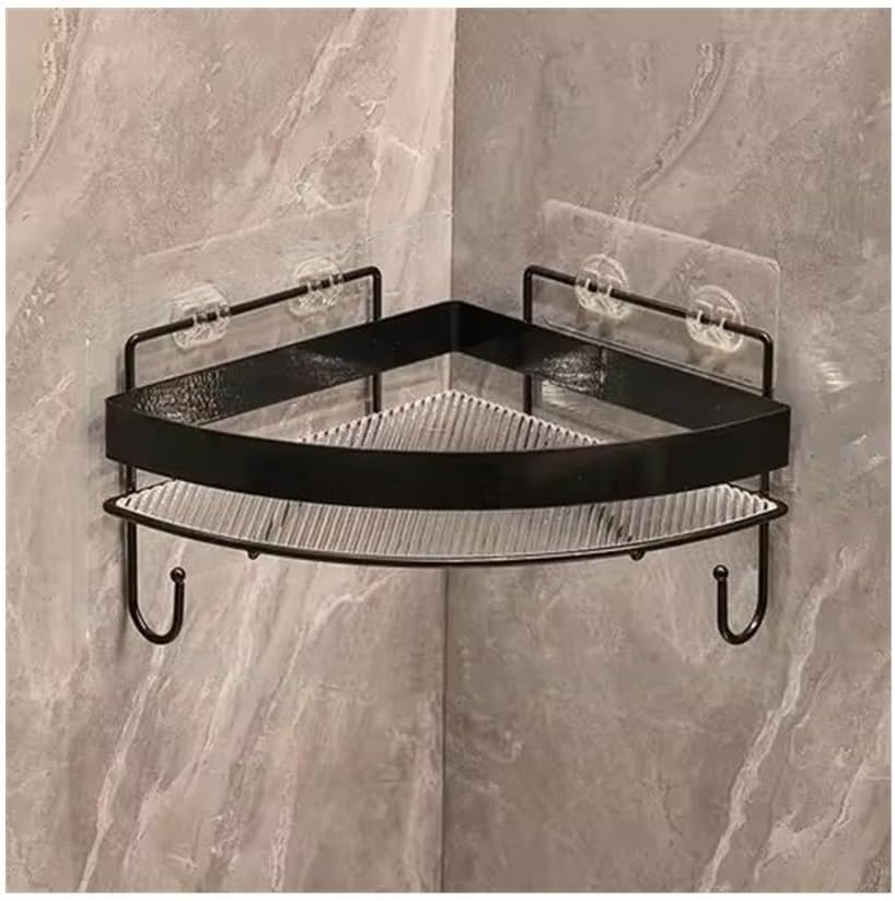 Adhesive Mount Triangle Acrylic Shower Corner Rack, Drill-Free Floating Organizer with Metal Guardrail and Side Hooks