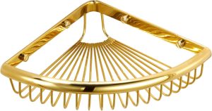 Polished Golden Metal Basket Style Shower Corner Caddy, Wall Mount Holder for Shampoo, Soap and Bath Supplies