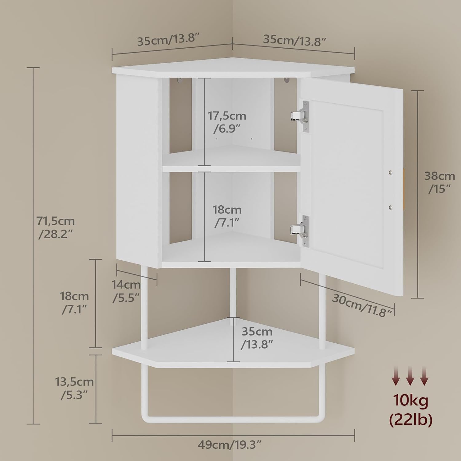 Wall Mount Corner Bathroom Storage Cabinet, 3-Tier Wall Cabinet with Adjustable Shelf and Towel Bar, Compact Space Organizer for Multiple Scenarios - Image 2