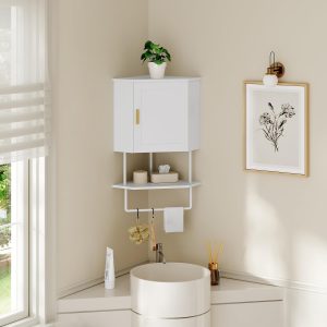 Wall Mount Corner Bathroom Storage Cabinet, 3-Tier Wall Cabinet with Adjustable Shelf and Towel Bar, Compact Space Organizer for Multiple Scenarios