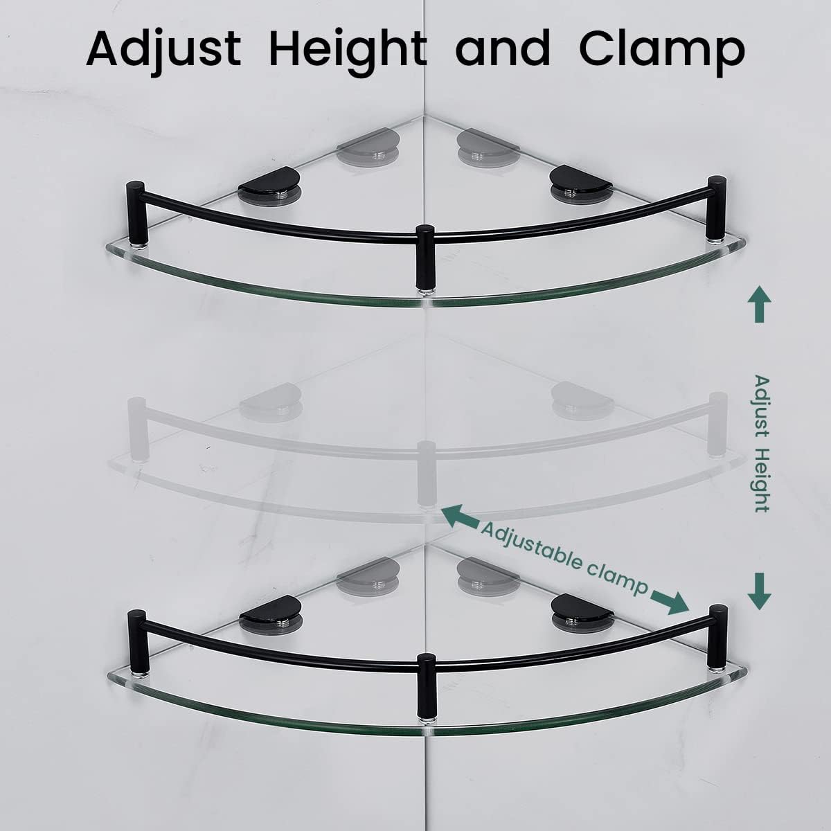 Two-Pack Tempered Glass Floating Shower Corner Wall Shelves, Guardrail Equipped Shampoo Storage Caddy - Image 2