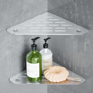 Pentagonal Floating Bathroom Corner Storage Rack, Anti-rust Stainless Steel Drill-Free Slotted Wall Caddy with Matte Brushed Finish