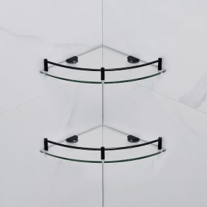 Two-Pack Tempered Glass Floating Shower Corner Wall Shelves, Guardrail Equipped Shampoo Storage Caddy