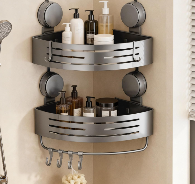 Two-Pack Aluminum Suction Triangle Shower Storage Rack, Drill-Free Design Fitted with Towel Bar and Hooks, Detachable Reusable Bathroom Corner Organizer