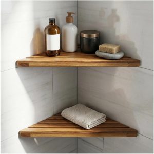 Two-Pack Wooden Triangle Shower Wall Rack, Drill-Free Mount Fit for Tile Wall Bathroom Corners