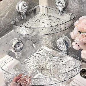 Glacier Texture Suction Triangle Shower Corner Caddy, Drill-Free Removable Transparent Light Luxury Wall Storage Organizer