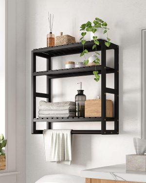 Wall Mount 3-Tier Over-Toilet Triangle Storage Frame, Bamboo Multi-function Organizer Equipped with Towel Bar and Tissue Storage Compartment