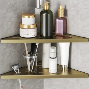 Two-Pack Golden Stainless Steel Triangle Shower Wall Shelf, Anti-rust Floating Organizer with Razor Groove for Right Angle Tile Walls